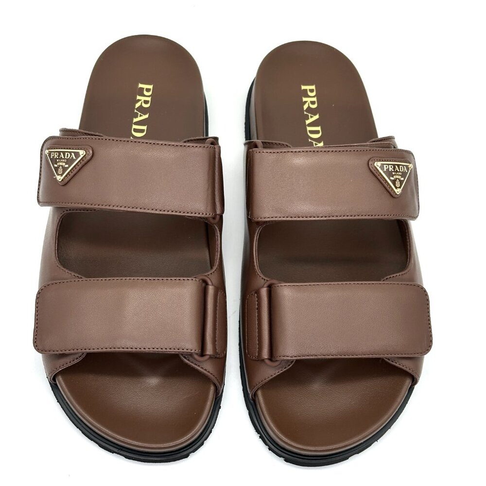 PRADA Triangle Logo Double Band Leather Flat Slide Dad Sandals Shoes Cacao - Picture 8 of 16